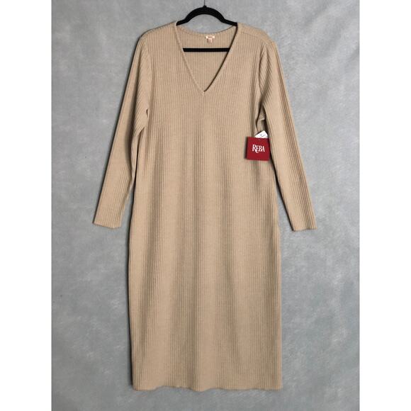 Reba Dresses & Skirts - Reba Women's XL Ribbed V-Neck Long Sleeve Midi Sweater Dress Tan NEW